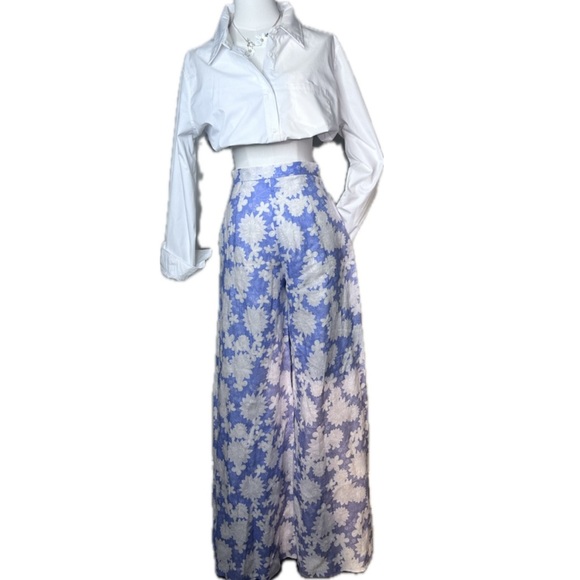MIGUELINA Pamela Floral Print Linen High Waisted Wide-leg Pants In Periwinkle XS - Picture 1 of 17